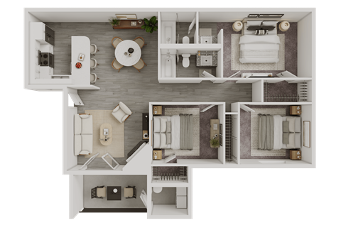 A 3D floor plan of a house with a kitchen, living room, and two bedrooms.